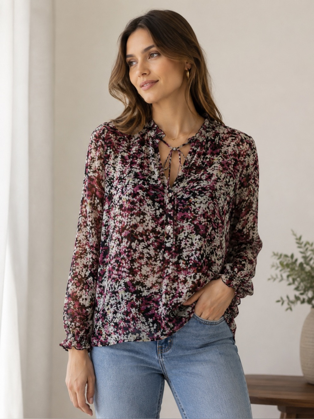 Esqualo Floral, Long-sleeve Top with sheer sleeves. Sheer outer with soft rayon